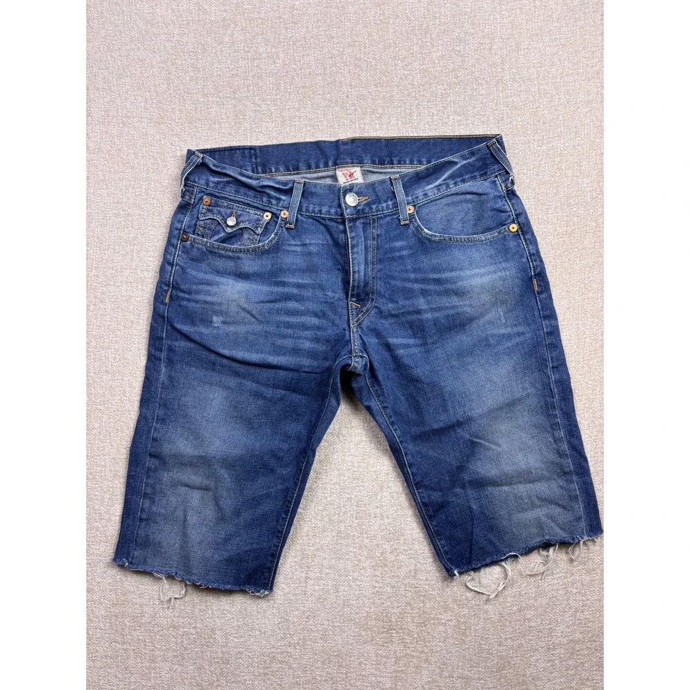 True Religion Mens Blue Denim Cut Off Shorts Size 36 Straight Flap Pocket USA